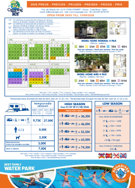 Preisliste Camping TER für Stellplatz und Mietmobilhome.