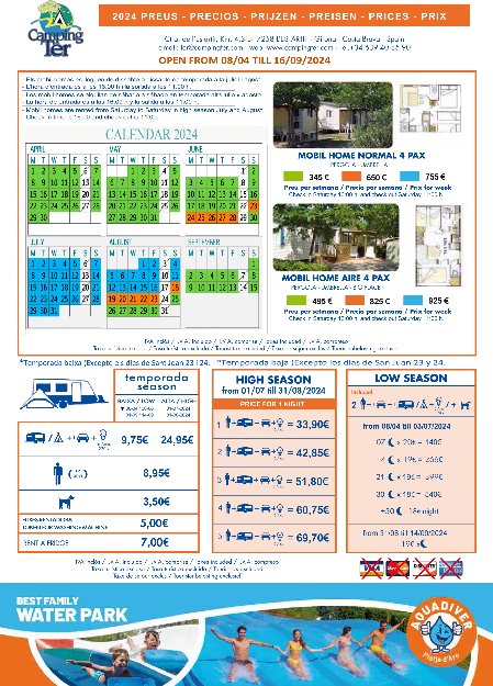 TER campingsite price list for this summer 2024.