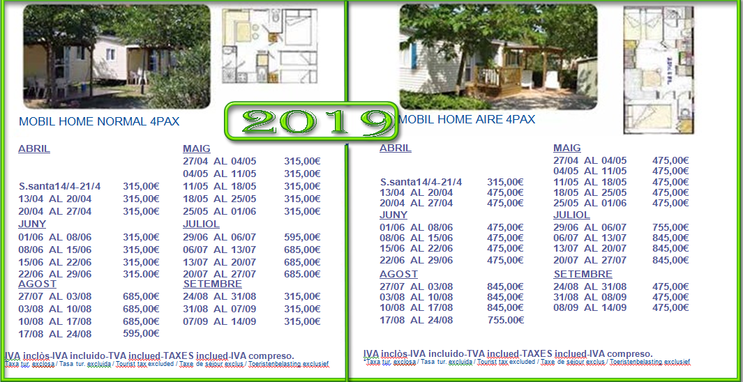 Price list 2019 Camping Ter in L´Estartit, Costa Brava, Girona, Catalonia, Spain.