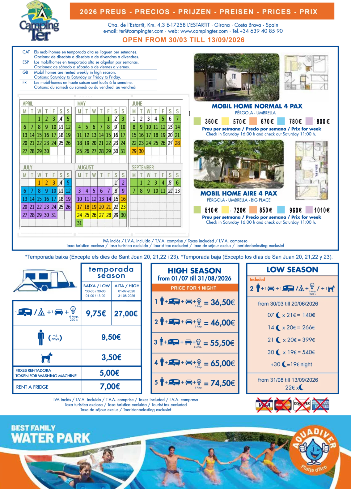 Price camping TER in L´Estartit, Torroella de Montgri, Costa Brava, Girona, Catalunya.